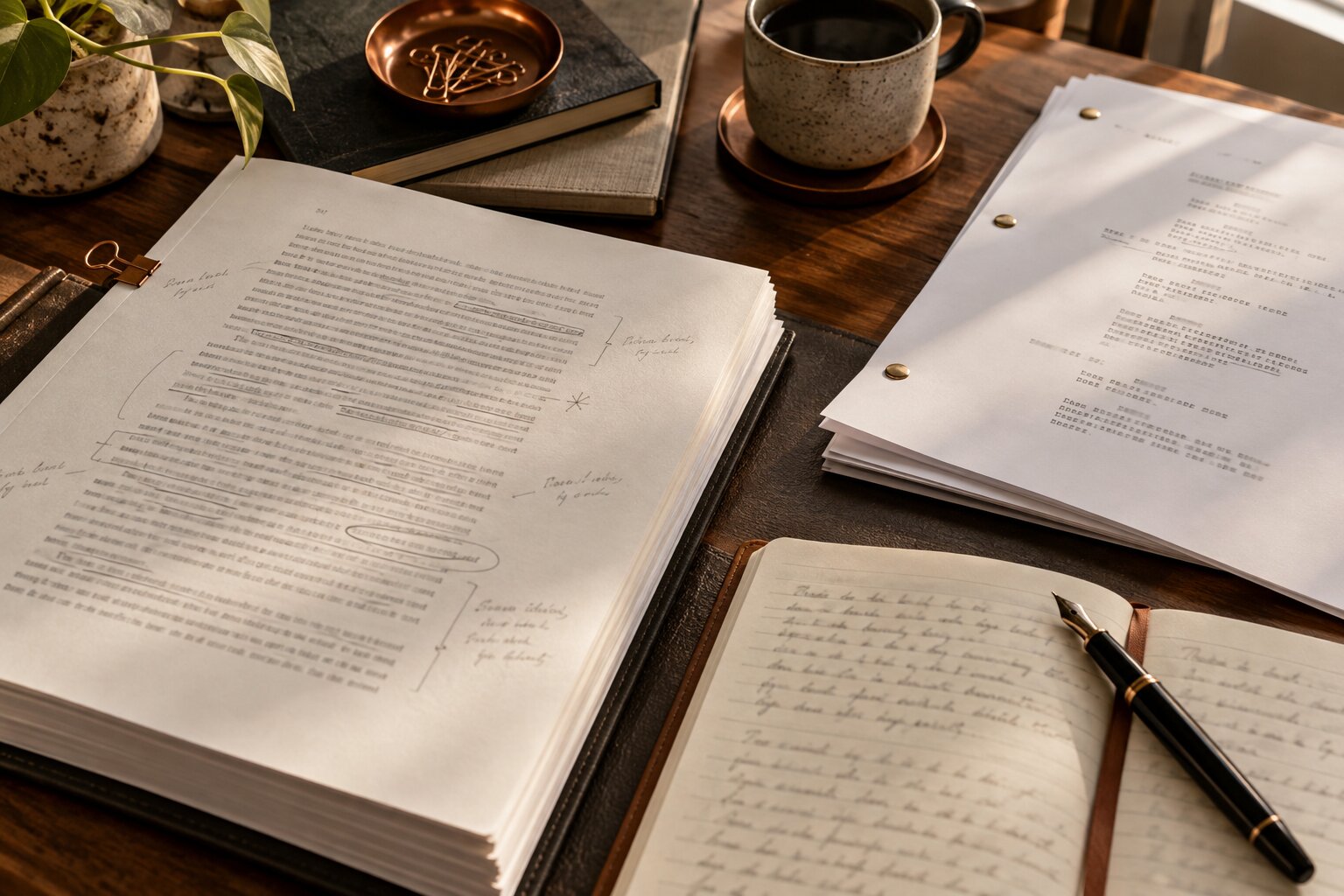 Annotated manuscript and screenplay on an editor’s desk