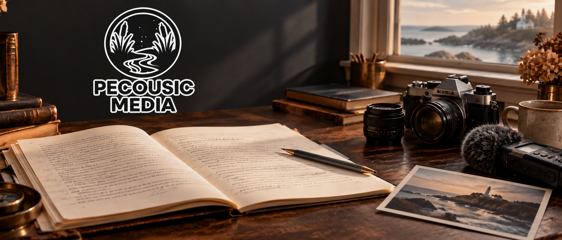 Pecousic Media logo over a manuscript, camera, and audio production workspace