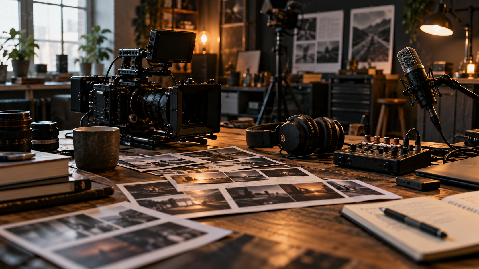 Camera, microphone, headphones, and audio equipment in a production workspace